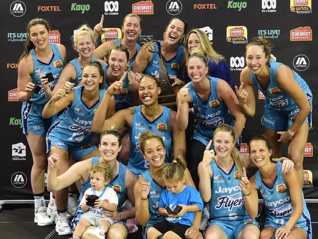 TOWNSVILLE, AUSTRALIA - DECEMBER 20: Southside Flyers celebrate after their victory during the WNBL Grand Final match between the Southside Flyers and the Townsville Fire at the Townsville Stadium, on December 20, 2020, in Townsville, Australia. (Photo by Ian Hitchcock/Getty Images)