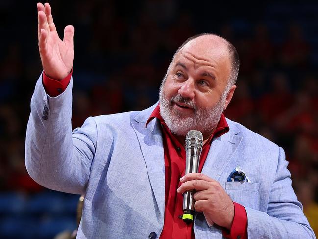 PERTH, AUSTRALIA - JANUARY 20: Craig Hutchison talks during a ceremony to retire the playing number of Shawn Redhage following the round 16 NBL match between Perth Wildcats and Sydney Kings at RAC Arena, on January 20, 2023, in Perth, Australia. (Photo by Paul Kane/Getty Images)