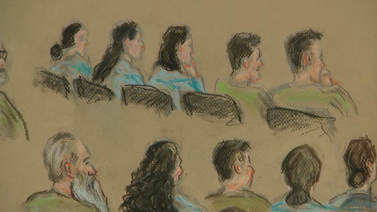 A mammoth trial of 14 members of a cult-like religious circle who are accused of killing eight-year-old Elizabeth Struhs, by withholding her insulin medication. The three with their faces more in profile are the parents and the leader Jason Richard Struhs (glasses) and the leader is Brendan Struhs (with the long beard) and Kerrie Elizabeth Struhs is beside him. COURT SKETCH: NewsWire