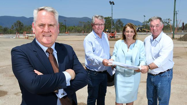 Head of investment, Quinbrook, Brian Restall, Member for Mundingburra Les Walker, Townsville Mayor Jenny Hill, and Member for Townsville Scott Stewart, at the announcement of Quinbrook's multi billion dollar investment into Lansdown. Picture: Shae Beplate.