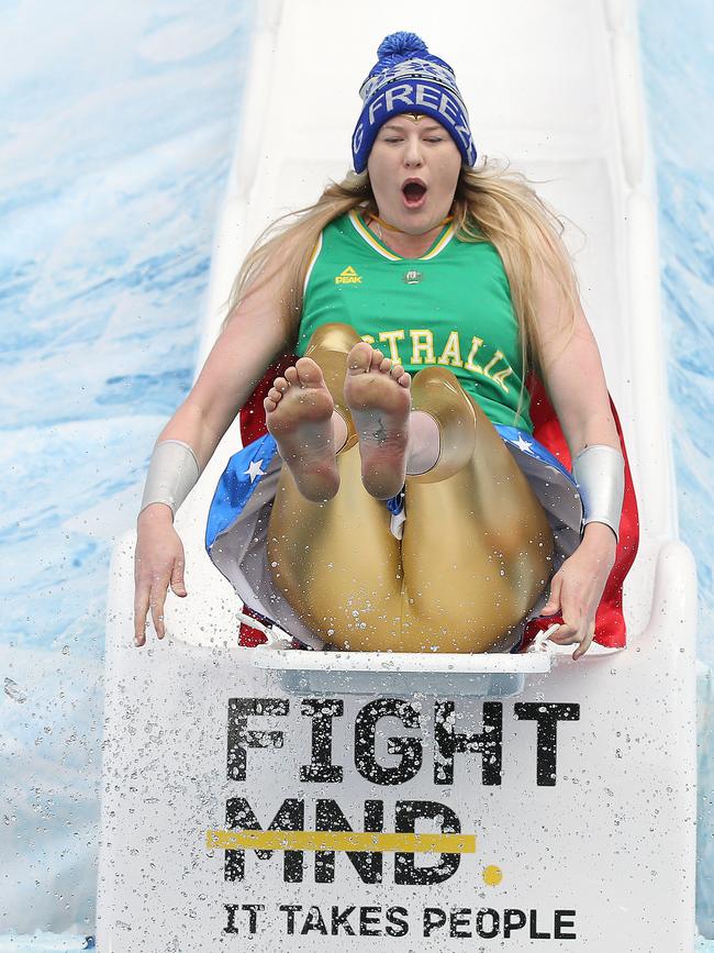 Wonder Woman Lauren Jackson looking nervous on the slide. Michael Klein