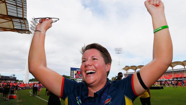 Bec Goddard celebrates the Crows historic first AFLW premiership. Picture: Jason O'Brien/Getty Images