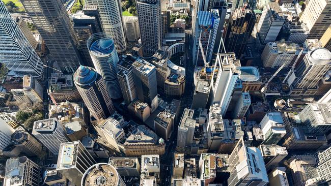 Aerial birds eye views of real estate and infrastructure in Sydney Australia of CBD