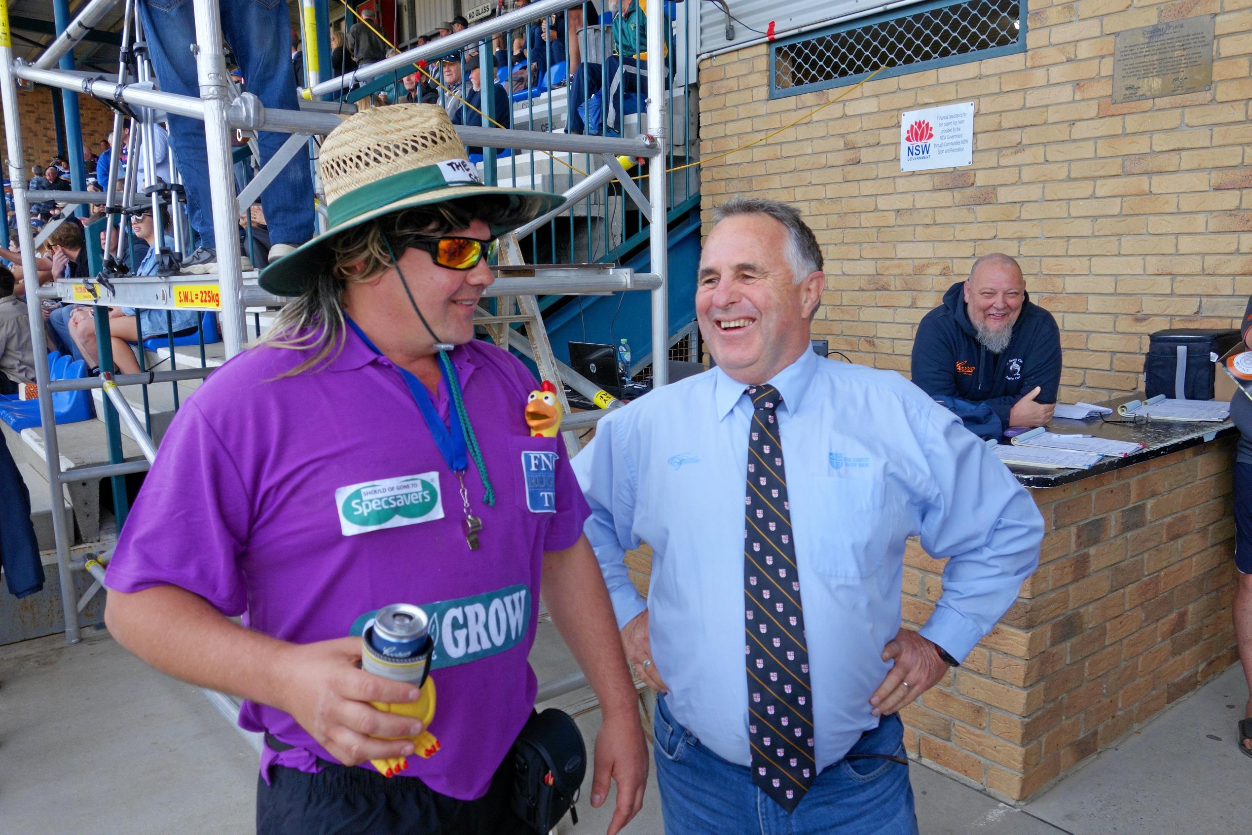 Mr Hooper at the Rugby Grand Finals, Crosier Field Lismore, sharing a laugh with 'Steggles' , a Lismore Rugby Club Referee "Impersonator"! (or pretender). Picture: William Palmer