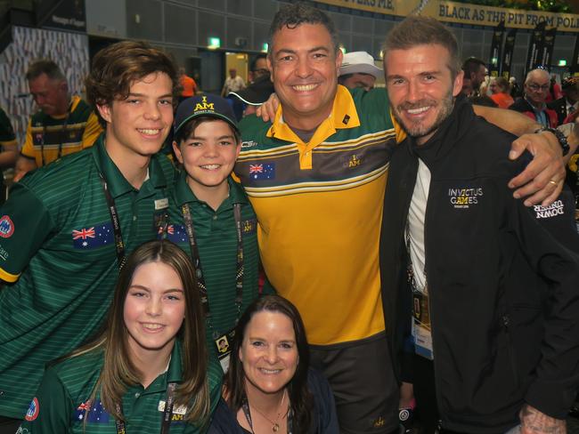 Ben Farinazzo (back) with his family and David Beckham at the Invictus Games. Picture: Supplied