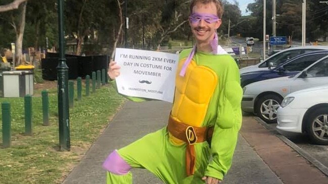 Frankston man James Verity, 25, ran two kilometres per day in a different costume around Frankston’s streets throughout November in tribute of his older brother Joshua who took his own life. Picture: Facebook