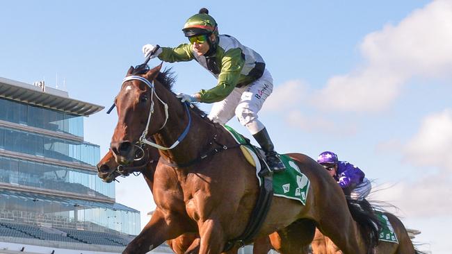 Incentivise ridden by Brett Prebble wins the TAB Turnbull Stakes at Flemington Racecourse on October 02, 2021 in Flemington, Australia. (Reg Ryan/Racing Photos via Getty Images)