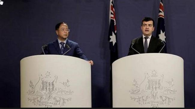 Yuhu Group chief executive Huang Xiangmo and Sam Dastyari at a press conference for the Chinese community in Sydney in June, 2016 - at the Commonwealth parliamentary offices in Sydney.