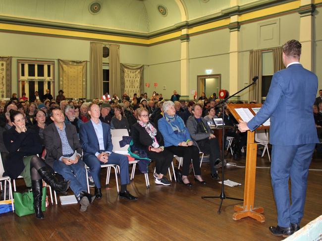 Balmain Greens MP Jamie Parker addressing the meeting, attended by more than 300. Picture: Kate Bastians.