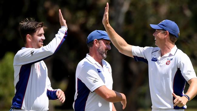 Banyule celebrates a wicket. Picture: Andy Brownbill