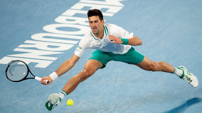 Novak Djokovic in the men’s singles final at the delayed 2021 Australian Open. Picture: Getty Images.