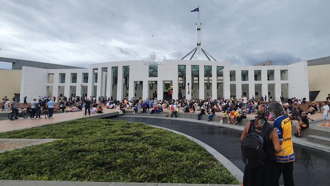 Invasion Day rally supporters descend on Parliament House, Canberra. Picture: NCA NewsWire/ Martin OIlman