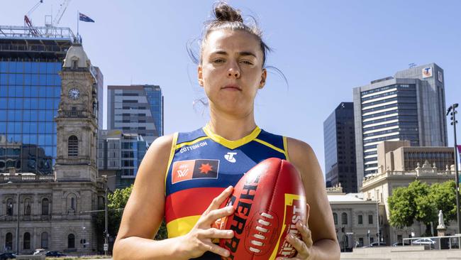 31st October, 2023: Crows AFLW player Ebony Marinoff in Victoria Square ahead of AFL finalsPicture by Kelly Barnes