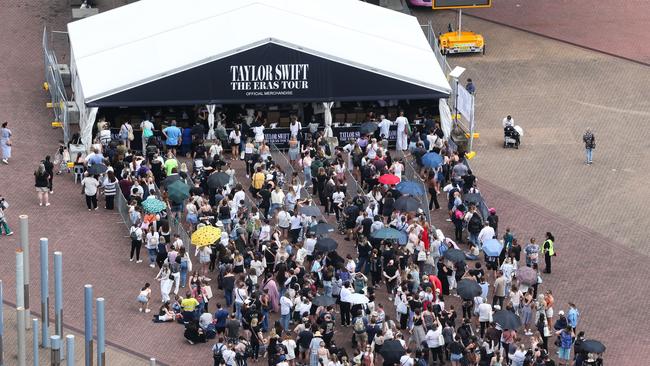 Taylor Swift fans were seen lining up for hours to get merchandise prior to the show. Picture: NCA NewsWire / Gaye Gerard