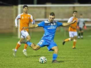 DOUBLE DELIGHT: South West Queensland Thunder striker Anthony Grant scored two goals in his side's 4-0 win over Brisbane Roar at Clive Berghofer Stadium on Saturday night. Picture: Nev Madsen