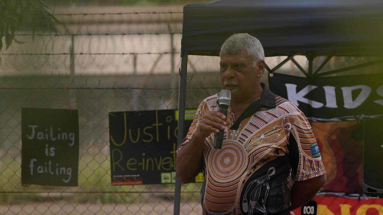 Larrakia Elder Eric Fejo speaks at the Invasion Day protests outside the notorious Don Dale Youth Detention Centre. Picture: (A)manda Parkinson