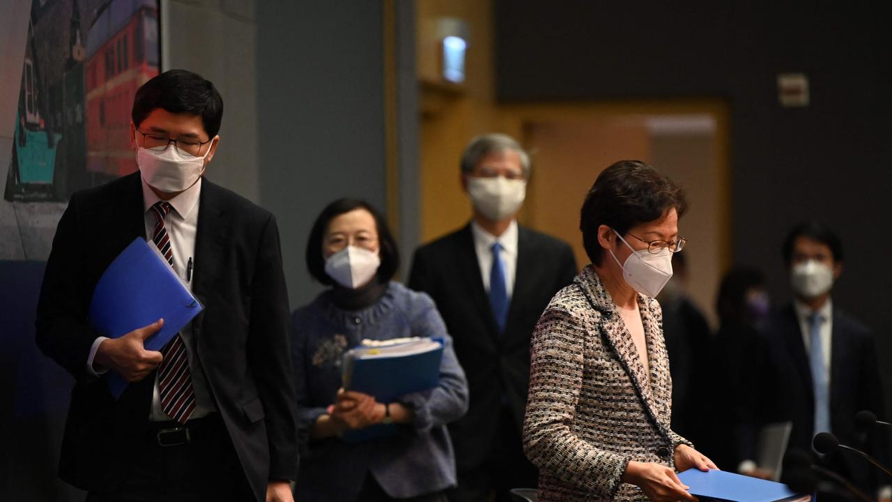 Hong Kong Chief Executive Carrie Lam arrives for a press conference. Picture: Peter Parks / AFP