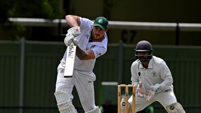 CraigieburnÃ&#149;s Jake Carlisle and Yarravile ClubÃ&#149;s Sangaran S Nandhalal during the VTCA Yarraville Club v Craigieburn cricket match in West Footscray, Saturday, Nov. 26, 2022. Picture: Andy Brownbill