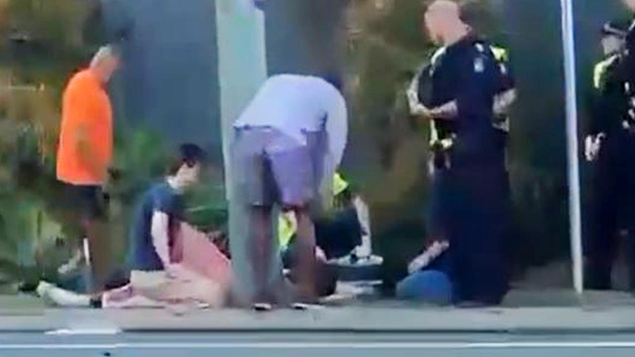 Brisbane Broncos player Ezra Mam on the footpath following a crash in Brisbane in October. Source: Supplied.