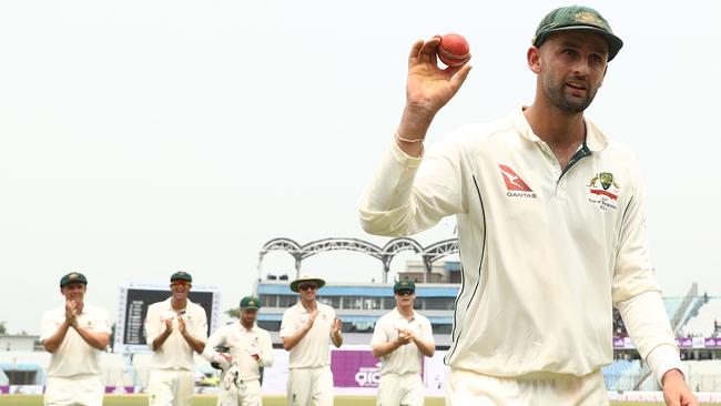 Australian spinner Nathan Lyon leaves the field on Tuesday after taking seven wickets in the second Test against Bangladesh.