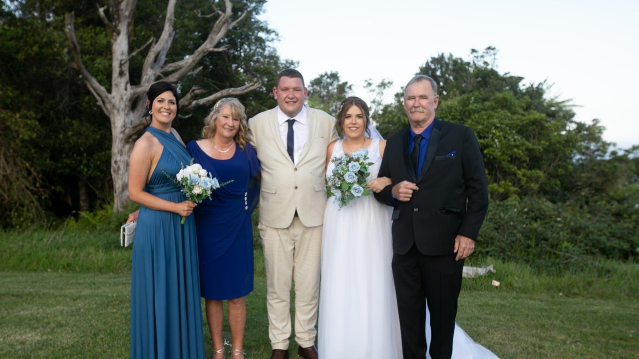 NSW Ambulance officer Steven Tougher (C) with wife Madison (2-R), his parents, Jillian (2-L) and Jeff (R), and sister, Jess (L). Steven was stabbed to death in the carpark of a McDonald's Campbelltown on the 14th April 2023. Source: supplied by family