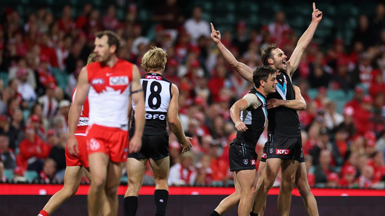 Jeremy Finlayson celebrates the goal that put Port Adelaide in front. Picture: Getty Images