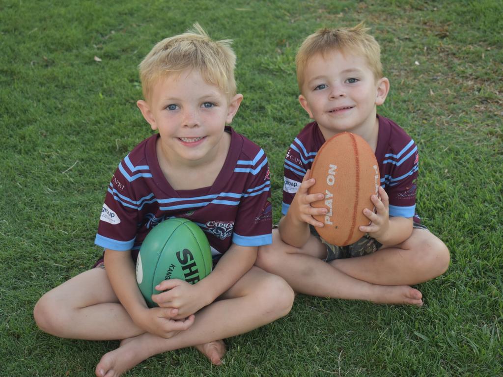 Noah and Archie at the Capras versus Comets Legends game at Rugby Park, Rockhampton, on October 26, 2024.