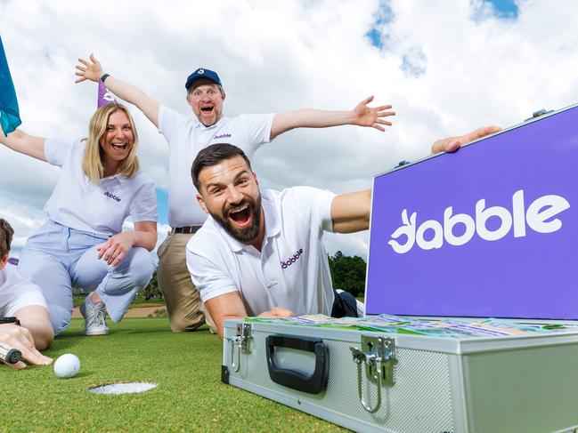 Josh Mansour with Dan Pelichowski, Sarah Betteley, Simon Coughlan from Dabble at the 17th hole of the PGA at Royal Queensland, Brisbane 11th October 2024.  Patrons attending on Saturday during the PGA will win a share in one million dollars if the player gets a hole in one.  (Image/Josh Woning)