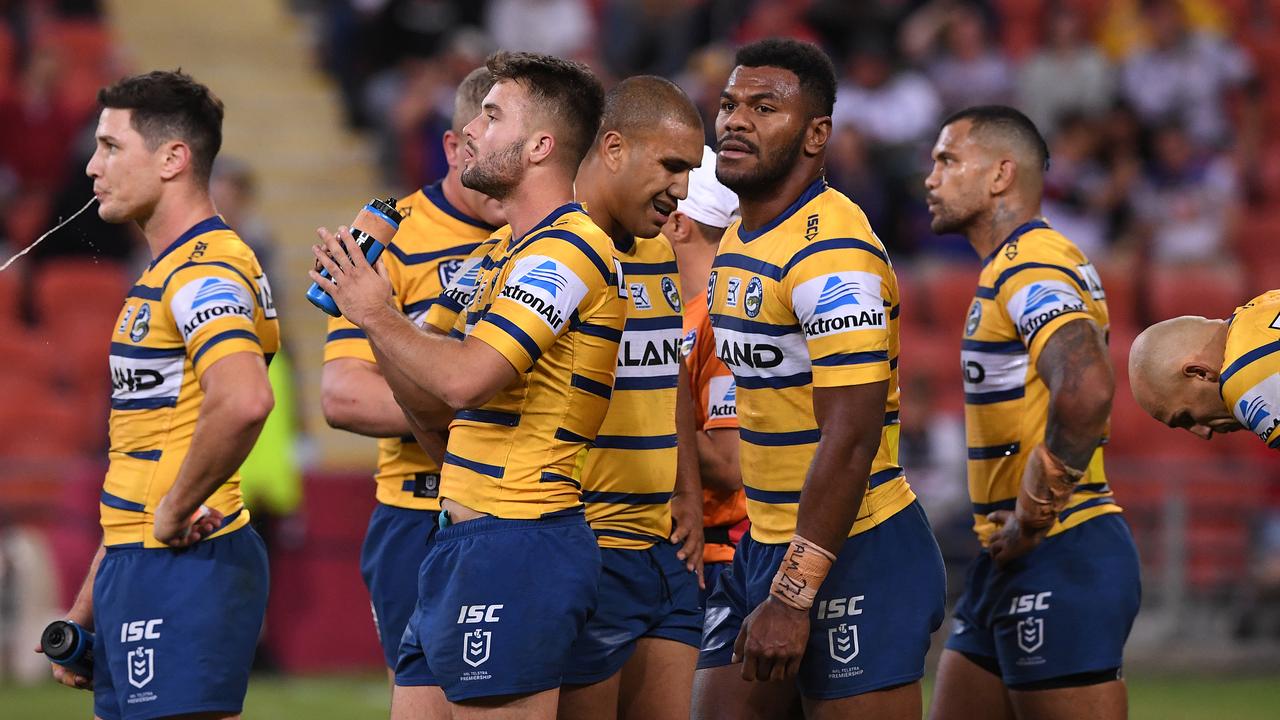 Eels players look dejected during their 64-10 thrashing at the hands of the Storm. 