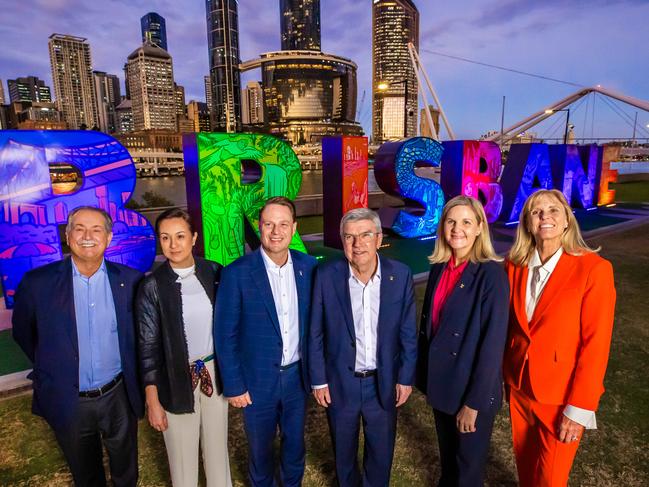 The Brisbane 2032 Coordination Commission, Brisbane 2032 President Andrew Liveris,   Mikaela Cojuangco Jaworski Brisbane 2032 IOC Coordination Chair,  Brisbane Lord Mayor Adrian Schrinner,  IOC President Thomas Bach, IOC President Elect Kirsty Coventry and  Brisbane 2032  CEO Cindy Hook tour the newly refreshed Brisbane sign at Southbank., Picture: Nigel Hallett