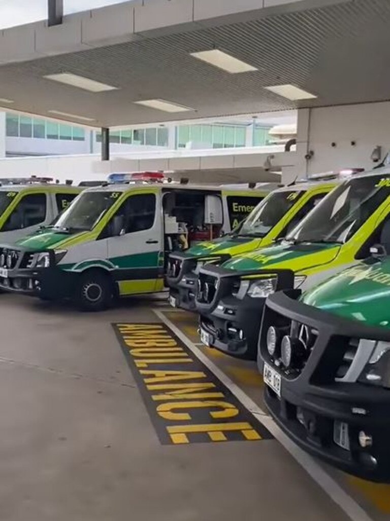 The Ambulance Employees Association posted video of ambulances ramped at the Flinders Medical Centre on Monday. Picture: Supplied