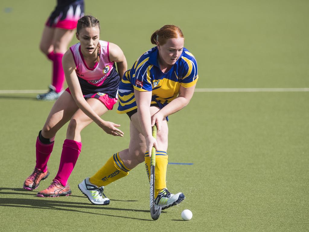 Janaye Williams (right) of Townsville against Toowoomba 2 in Hockey Queensland Championships at Clyde Park, Saturday, May 1, 2021. Picture: Kevin Farmer