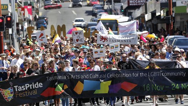 The Pride Parade from North Hobart to Parliament Lawns. in Hobart,