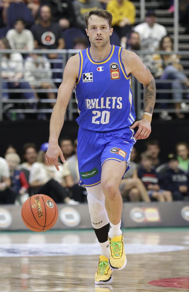 GOLD COAST, AUSTRALIA - SEPTEMBER 22: Nathan Sobey of the Bullets dribbles the ball during the 2023 NBL Blitz match between Sydney Kings and Brisbane Bullets at Gold Coast Convention and Exhibition Centre on September 22, 2023 in Gold Coast, Australia. (Photo by Russell Freeman/Getty Images for NBL)