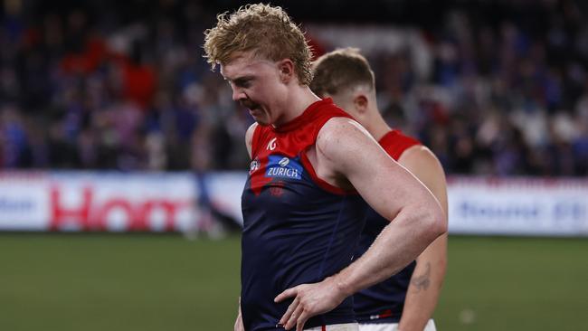 MELBOURNE, AUSTRALIA - AUGUST 02: A dejected Clayton Oliver of the Demons is seen the round 21 AFL match between Footscray Football Club and Melbourne Demons at Marvel Stadium, on August 02, 2024, in Melbourne, Australia. (Photo by Darrian Traynor/Getty Images)