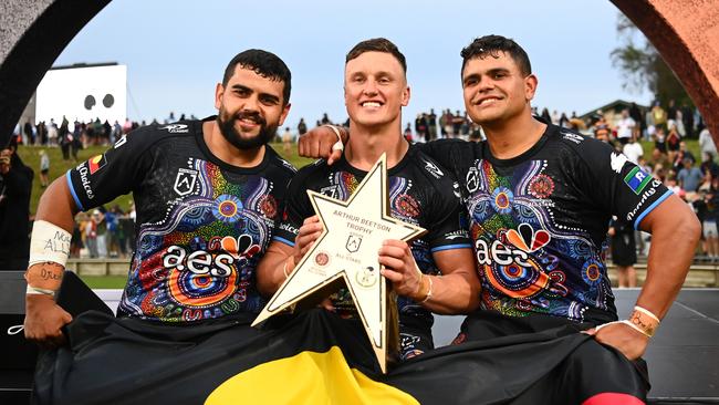 Jack Wighton (middle) will join Latrell Mitchell (R) at South Sydney next year. Picture: Hannah Peters/Getty