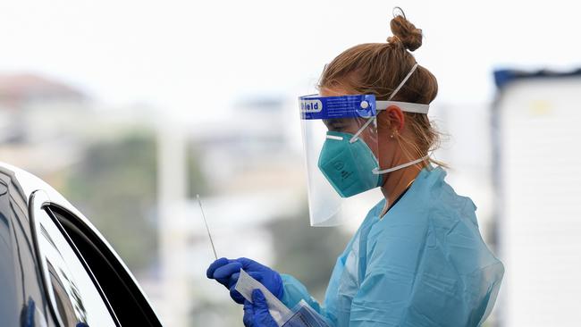 Health workers at a drive through testing clinic at Bondi Beach, Sydney. Picture: NCA NewsWire/Bianca De Marchi