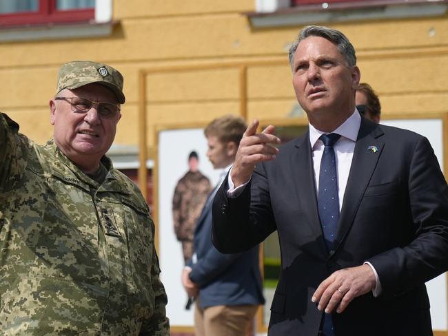 Defence Minister Richard Marles tours Ukraine’s National Army Academy in Lviv with Lieutenant General Pavlo Tkachuk. Picture: Ben Lewis