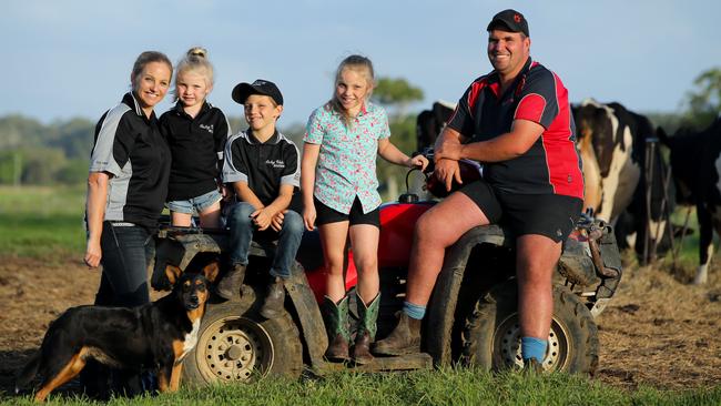 Dairy Farmers Jane and Murray Polson with their children Ruby, Lachlan and Isabelle on their property at Oxley Island on the NSW mid north coast. Picture: Nathan Edwards 