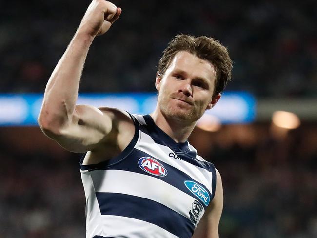 GEELONG, AUSTRALIA - JUNE 02: Patrick Dangerfield of the Cats celebrates during the 2017 AFL round 11 match between the Geelong Cats and the Adelaide Crows at Simonds Stadium on June 02, 2017 in Geelong, Australia. (Photo by Michael Willson/AFL Media/Getty Images)