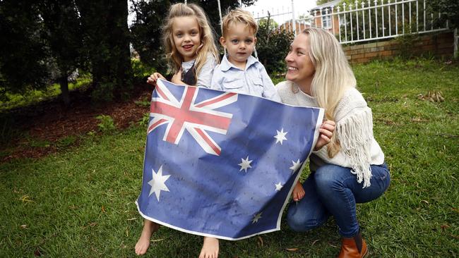 Ali Mason with kids Etta and Louis will be marking Anzac Day at home this year. Picture: Sam Ruttyn