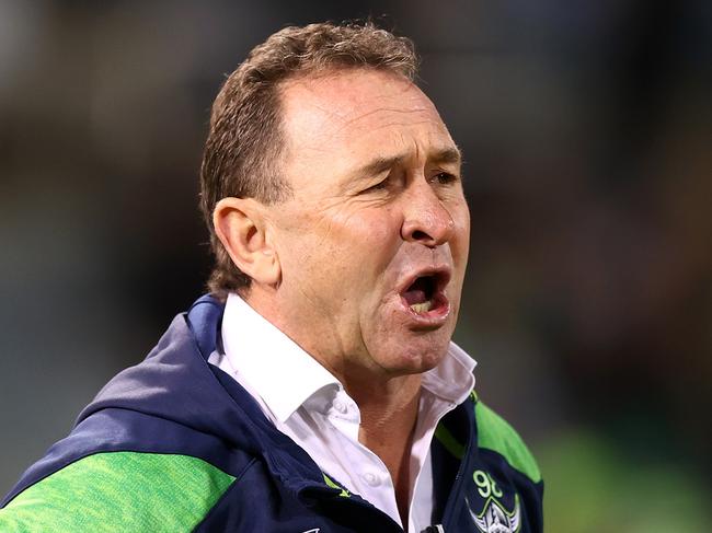 CANBERRA, AUSTRALIA - AUGUST 06: Raiders coach Ricky Stuart watches on from the bench during the round 23 NRL match between Canberra Raiders and Wests Tigers at GIO Stadium on August 06, 2023 in Canberra, Australia. (Photo by Mark Nolan/Getty Images)