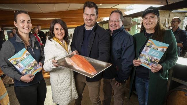 Launch of the Salmon Tasmania Economic Report, (L-R) Huon Aquaculture fish performance and food manager Tori Percival, Jo Palmer MLC, Salmon Tasmania CEO Luke Martin, Tassal head of environment Sean Riley and Petuna Aquaculture strategy and technical manager Depha Miedecke at Home Hill Winery, Ranelagh. Picture: Chris Kidd