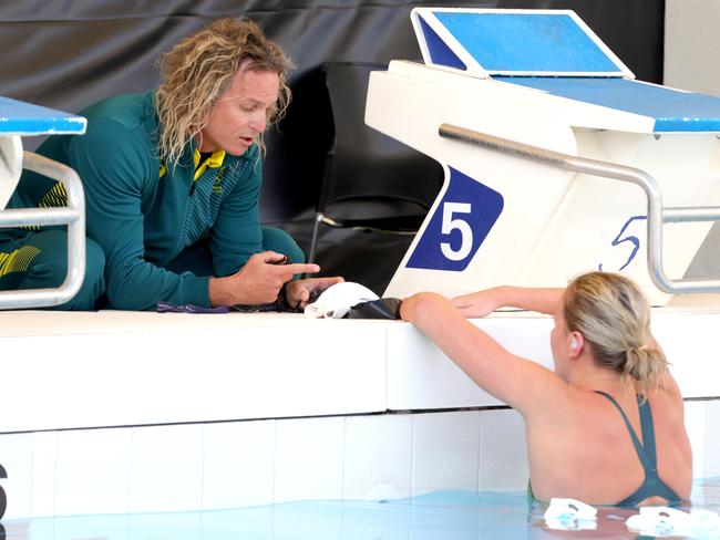 Boxall talks to Titmus at the St Peters Western final training session before the Paris trials. Picture: Steve Pohlner