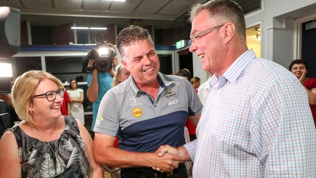 Coralee O'Rourke, Aaron Harper and Scott Stewart at the Townsville AWU Hall during the counting of votes in 2017.