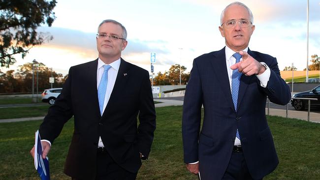 Treasurer Scott Morrison and PM Malcolm Turnbull outside Parliament House today. Picture: Kym Smith