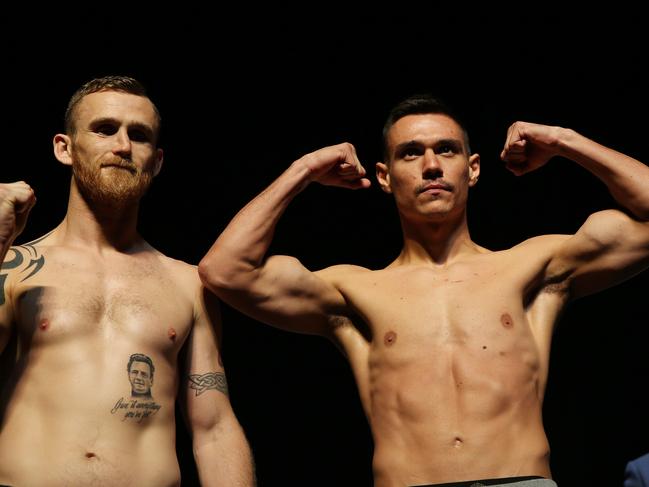 Tszyu and Hogan ahead of what is being billed as the Australian’s toughest challenge to date. Picture: NCA NewsWire