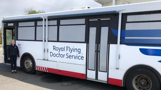 The Tasmanian government will send a vax bus into Tasmanian communities. Megan Fontana from the Royal Flying Doctor Service with the bus in Launceston on Friday, October 8, 2021.