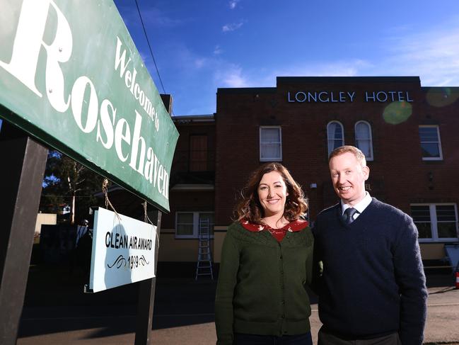 Rosehaven stars Celia Pacquola and Luke McGregor on location at the Longley International Hotel. Picture: LUKE BOWDEN