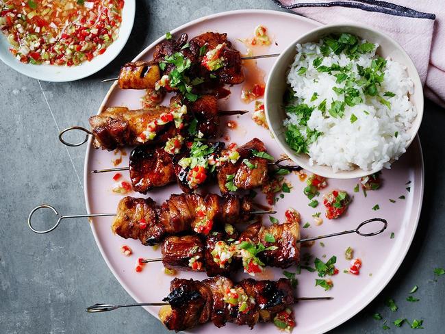 Honey soy pork belly skewers.